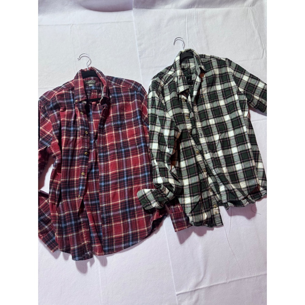 Lot of 2 Eddie Bauer Mens Flannel Shirts Large Red Green Plaid Button Down L/S